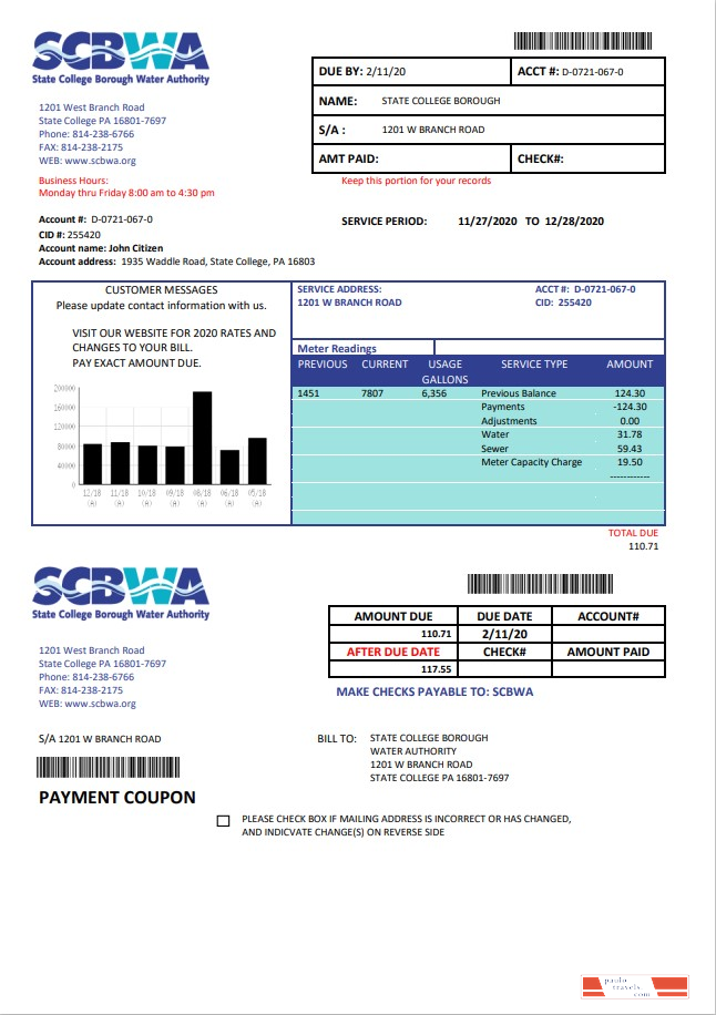 USA Pennsylvania SCBWA water utility bill template in Word and PDF format